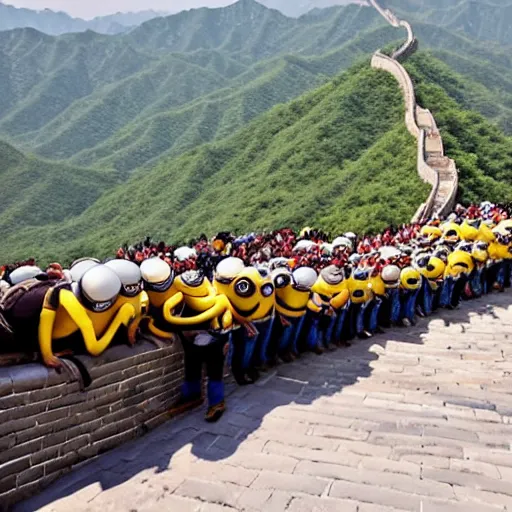 Prompt: The Minions, walking in a single file line, on the Great Wall of China