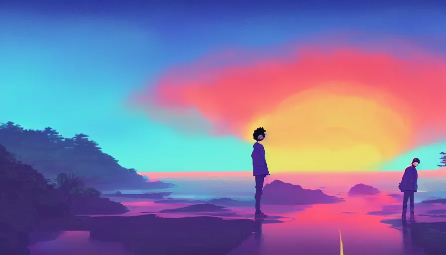 Image similar to the weeknd and drake by studio ghibli, digital art, sharp focus, 4 k, sunset beach, foggy, neon