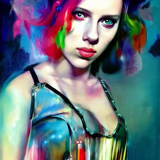 Image similar to young scarlett johansson as delirium from sandman, ( hallucinating colorful soap bubbles ), by jeremy mann, by sandra chevrier, by jean giraud and richard avedon, punk rock, tank girl, high detailed, 8 k