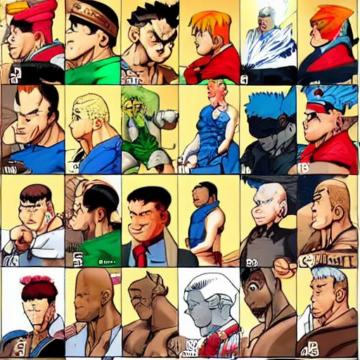 Prompt: all the street fighter characters in the style of tintin, comic