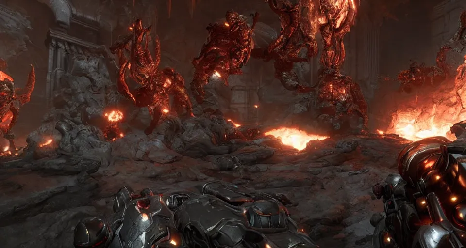 Image similar to gameplay of doom eternal, ambient lighting, concept art, intricate, hyper detailed, smooth, action, volumetric lighting, 3 d render, unreal, octane