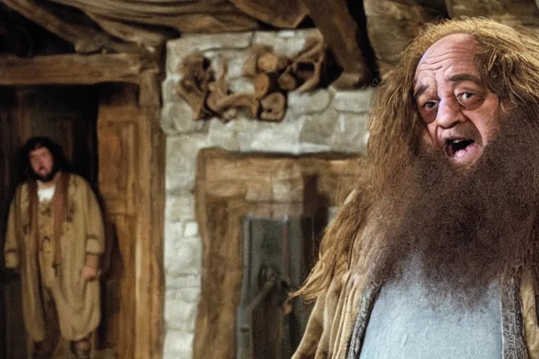 Prompt: film still Danny Devito as Rubeus Hagrid in his cabin in Harry Potter movie