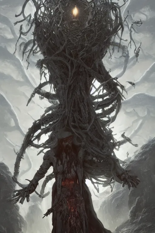 Image similar to a necromancer with a staff casts a spell that reveals the secret of life the universe and everything, dirty linen robes, staff of bones, grizzled bearded withered man by jessica rossier and hr giger