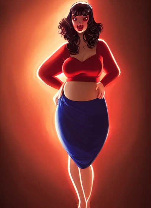 Image similar to full body portrait of teenage veronica lodge, obese, bangs, sultry, realistic, sultry smirk, wavy hair, red skirt, fat, belly, intricate, elegant, glowing lights, highly detailed, digital painting, artstation, concept art, smooth, sharp focus, illustration, art by wlop, mars ravelo and greg rutkowski