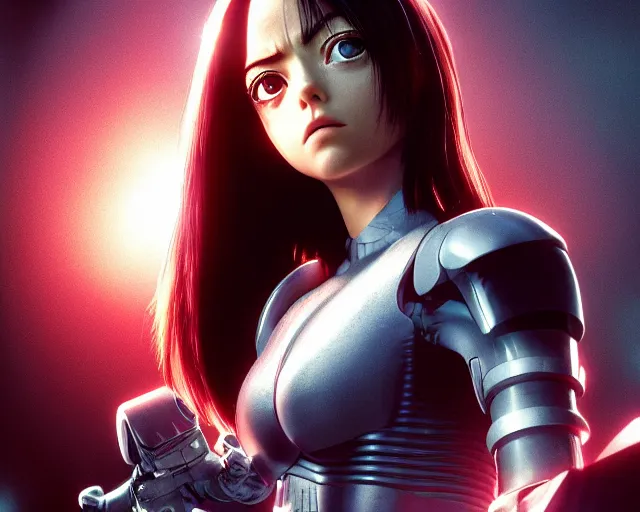 Image similar to a film still from battle angel alita played by actress emma stone, portrait, beautiful, cinematic lighting, photorealistic, hyperrealistic, highly detailed, close - up, high resolution, 4 k