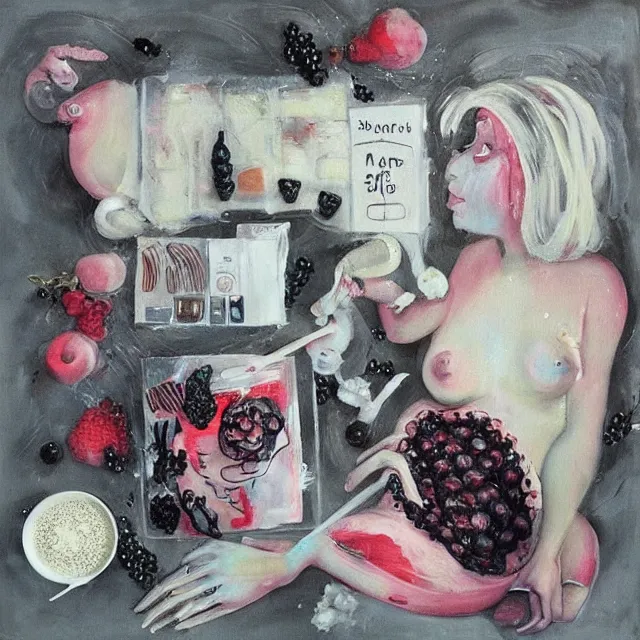 Prompt: “ a portrait in a female art student ’ s apartment, parking sign, sensual, a pig theme, art supplies, surgical iv drip, octopus, ikebana, herbs, white candles dripping white wax, squashed berries, berry juice drips, acrylic and spray paint and oilstick on canvas, surrealism, neoexpressionism ”