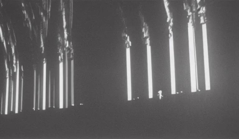 Image similar to A techno palace exterior, extreme long shot, 35mm film, by Ryoji Ikeda, Yohji Yamamoto, Michael Mann