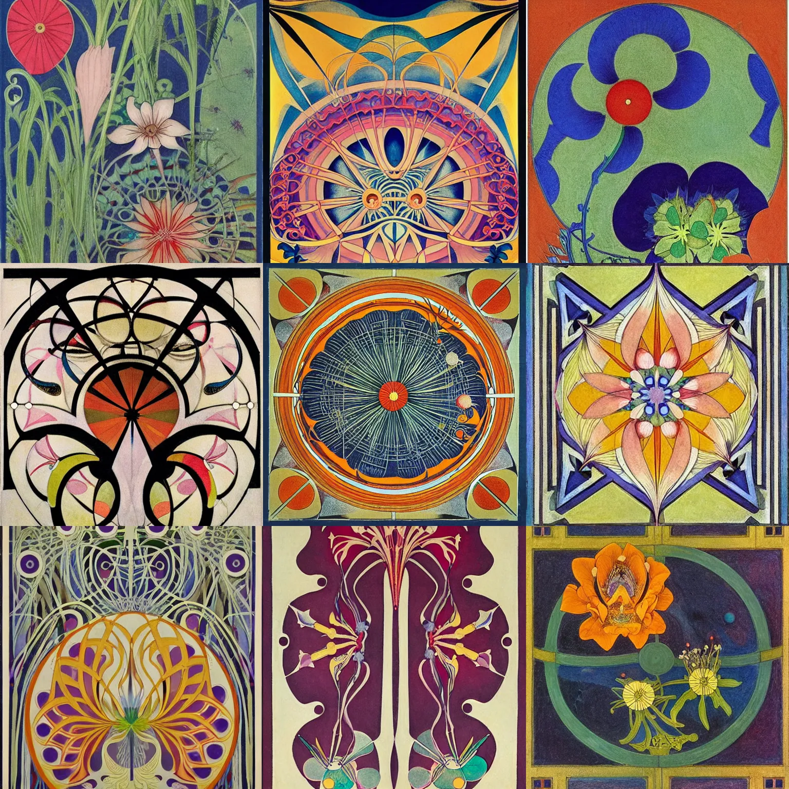 Prompt: flower ( ( art nouveau ) ) ( ( ( bauhaus ) ) ), ( ( ( alien ) ) ), intricate detail, sharp focus, ( colorful ), by ( ( hilma af klint ) ) and escher and hokusai and ( botticelli ) and frank lloyd wright and ( james jean ) and ( hr geiger )