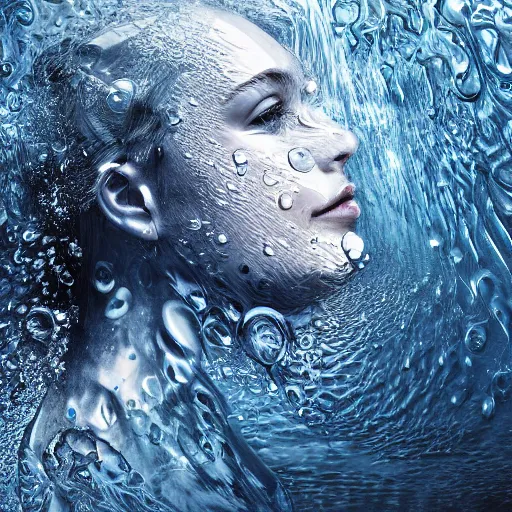 Image similar to water artwork manipulation in the shape of a human head, on the ocean water, ray tracing, realistic water sharp focus, long shot, 8 k resolution, cinematic, surreal water art