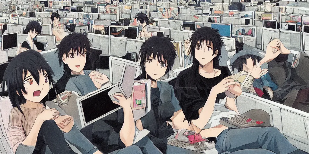 Prompt: anime art of a couple watching a film on a large screen and looking at dozens of screens simultanously, lazy and cozy, consumerism