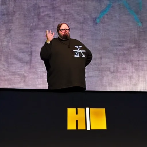 Image similar to gabe newell on stage presenting half life 3 logo