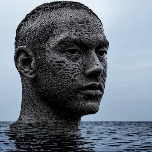 Image similar to a giant sculpture made out of water of a human head, on the ocean water, cinematic, in the style of johnson tsang, long shot, hyper detailed, hyper realistic, ray tracing, 8 k resolution, sharp focus, realistic water, award winning