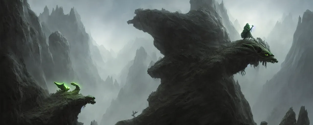 Prompt: Yoda rides the dragon across the deserted, foggy mountain range, very detailed concept art, matte painting, digital art, concept art, realistic beautiful, trending on Artstation, Greg Rutkowski,
