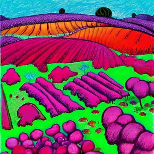 Image similar to chaotic by larry carlson color field paintingcubist, fuchsia. a beautiful drawing depicting a farm scene. the drawing shows a view of an orchard with trees in bloom.