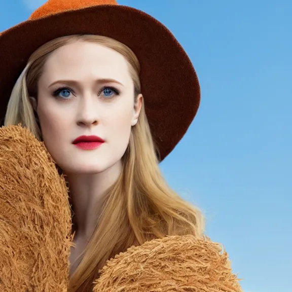 Image similar to portrait evan rachel wood angle 9 0 ° centred looking away breading fresh air, caracter with brown hat, background soft blue