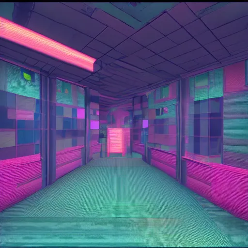 Image similar to noisy color photograph of a retrofuturist liminal space, wonderland, vertical, minimalist, cinematic, soft vintage glow, PS2 in-game screenshot