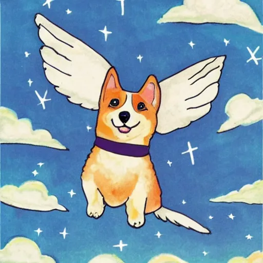 Image similar to corgi with [ angelic wings ]!!, [ flying like a superhero ]!! in the [ night sky ]!! where the stars are visibly perceptible, [ illustration via a child ]!!