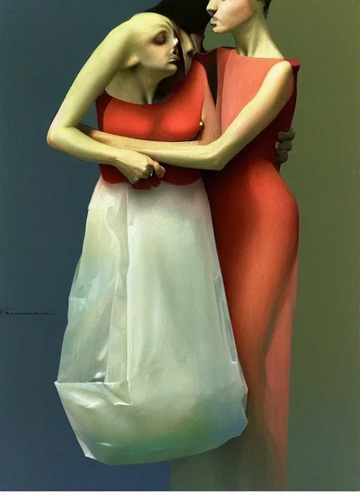 Image similar to two women hugging paper bag over the head translucent dress made of plastic bags Edward Hopper and James Gilleard, Zdzislaw Beksinski, highly detailed