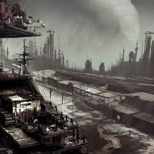 Prompt: as wasteland of nuclear bombs that failed to go off noisy in a moody, dieselpunkpunkpunk sci - fi cyberpunk ship drifting through time and death by... seacliff the ship itself got sucked