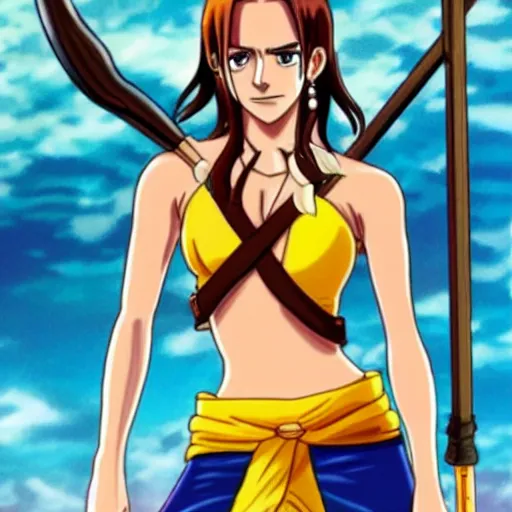 Image similar to A full body portrait of emma watson as Nami from one piece holding a trident in one hand, leage of legends