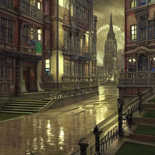 Image similar to boston university in 1 9 2 0's, ultra realistic, colour, concept art, intricate details, night, thunder, raining, eerie, arkham horror, call of cthulhu, elder sign, highly detailed, dark fantasy, photorealistic, octane render, 8 k, unreal engine 5. art by artgerm and greg rutkowski and alphonse mucha