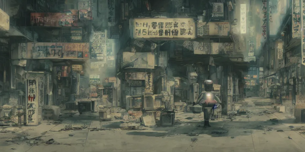 Prompt: incredible screenshot, simple watercolor, soft bloom lighting, paper texture, movie scene, a robot mecha wandering in a deserted shinjuku junk town, old pawn shop, bright sun bleached ground, cyberpunk, animatronic, black smoke, pale beige sky, junk tv, texture, strange, impossible, fur, spines, mouth, pipe brain, shell, brown mud, dust, overhead wires, telephone pole, dusty, dry, pencil marks hd, 4k, remaster, dynamic camera angle, deep 3 point perspective, fish eye, dynamic scene