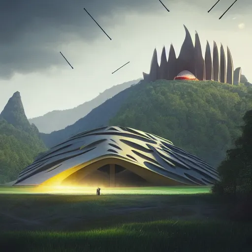 Image similar to futuristic temple between hills with big trees, monks walking, shooting stars, dramatic lighting, artstation, matte painting, raphael lacoste, simon stalenhag, frank lloyd wright, zaha hadid