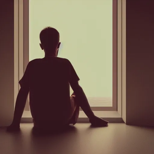 Image similar to a boy, 2 5 years old, numb, hopeless, sitting alone in front of the window, evening time, gloomy, sunset, boy staring at the window, very sad emotion, extremely realistic, 4 k, hd