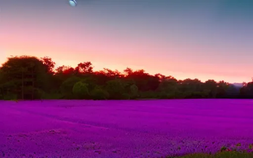 Image similar to the purple fields of Yavin 5 our alien exodus, planetary rings stretch across the sky fading away at the horizon, landscape photography 4k