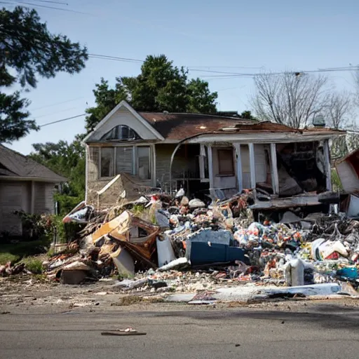 Prompt: a run down house with stacks of trash 1 0 feet high in front of the house. run down house is in a suburban neighborhood in america. broken and rusted golf cart in street in front of house