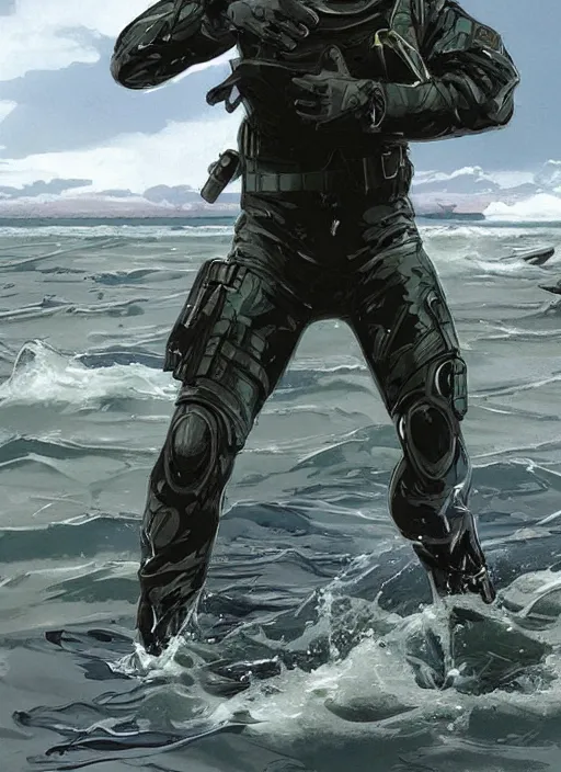 Image similar to solid snake. USN blackops operator emerging from water at the shoreline. Operator wearing Futuristic cyberpunk tactical wetsuit and looking at an abandoned shipyard. Frogtrooper. rb6s, MGS, and splinter cell Concept art by James Gurney, Alphonso Mucha. Vivid color scheme.