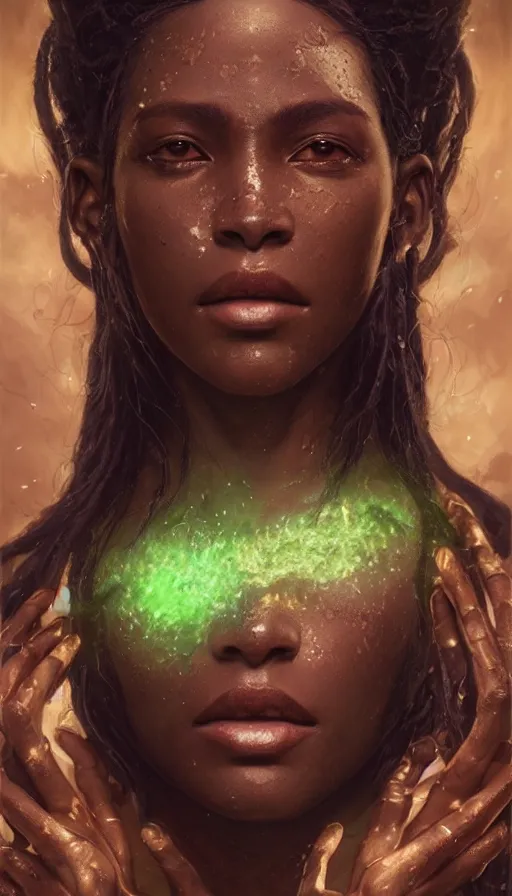 Image similar to epic masterpiece portrait of a dark skin sorceress with a magic wand, african tribe, sweaty skin, hyperrealistic, octane render, cinematic, followed by heads with many faces, beautiful face and flawless skin, perfect hands, emeralds by Edgar Maxence and Ross Tran and Michael Whelan, Legends of Runeterra