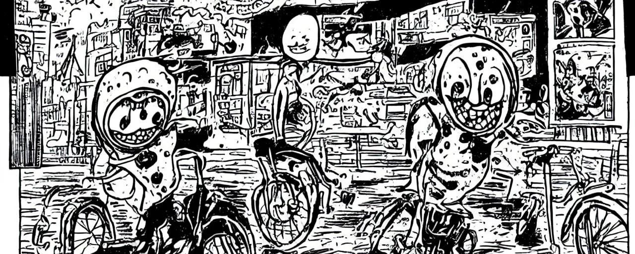 Prompt: black and white zippy the pinhead comic strip where zippy goes on a trip through the multiverse of coffee and donuts while riding a unicycle in the rain