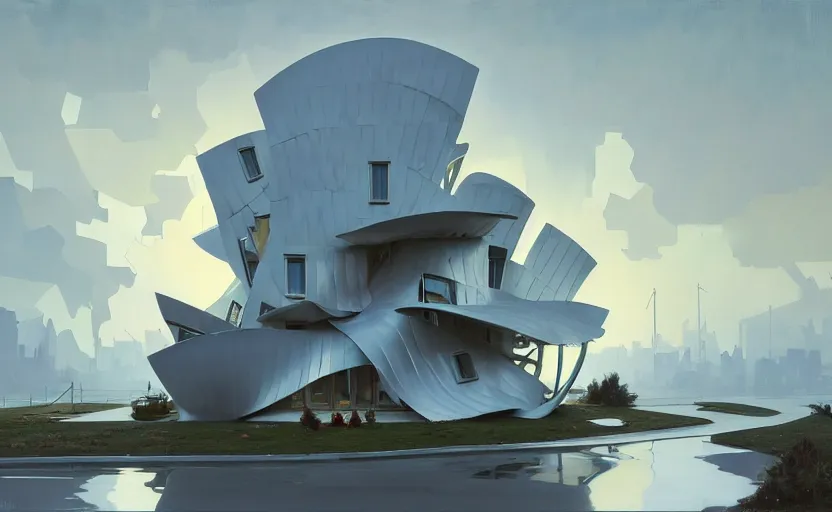 Image similar to painting of a wide angle exterior shot of a white modern architecture with cinematic lighting by frank gehry and renzo piano, darek zabrocki and greg ruthkowski, alphonse mucha, simon stalenhag and cinematic and blue cold atmospheric, archillect concept art, artstation, trending on artstation