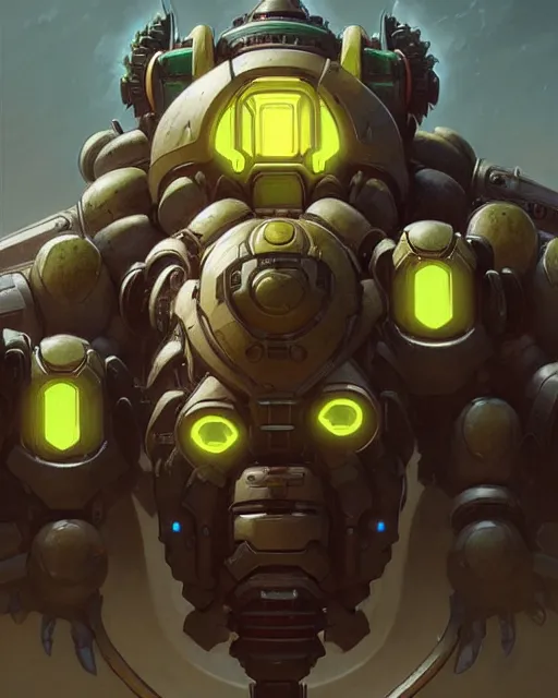 Image similar to orisa from overwatch, character portrait, portrait, close up, concept art, intricate details, highly detailed by greg rutkowski, michael whelan and gustave dore