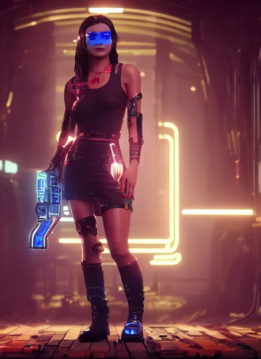 Prompt: film still of Kathryn Celestre as Johnny Silverhand in Cyberpunk 2077, gameplay, 8k, HD