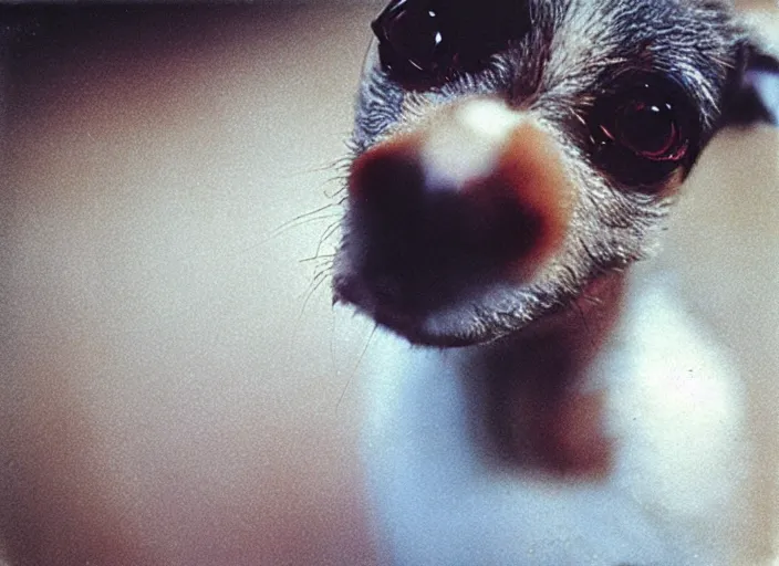 Image similar to a extreme close - up photo, color studio photographic portrait of a little dog bird hybrid, dramatic backlighting, 1 9 7 3 polaroid photo from life magazine,