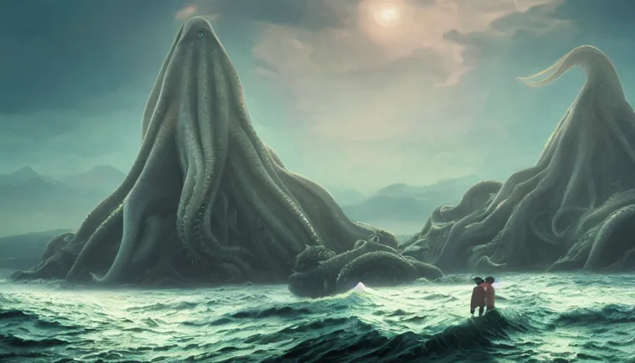 Image similar to A highly detailed matte painting of the huge Cthulhu in the ocean, by Studio Ghibli, Makoto Shinkai, by Artgerm, by beeple, by Greg Rutkowski, volumetric lighting, octane render, 4K resolution, trending on artstation, masterpiece