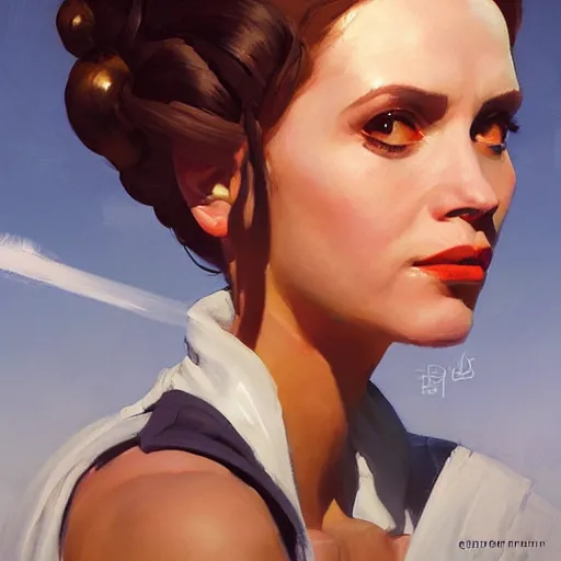 Image similar to greg manchess portrait painting of leia organa as overwatch character, medium shot, asymmetrical, profile picture, organic painting, sunny day, matte painting, bold shapes, hard edges, street art, trending on artstation, by huang guangjian and gil elvgren and sachin teng