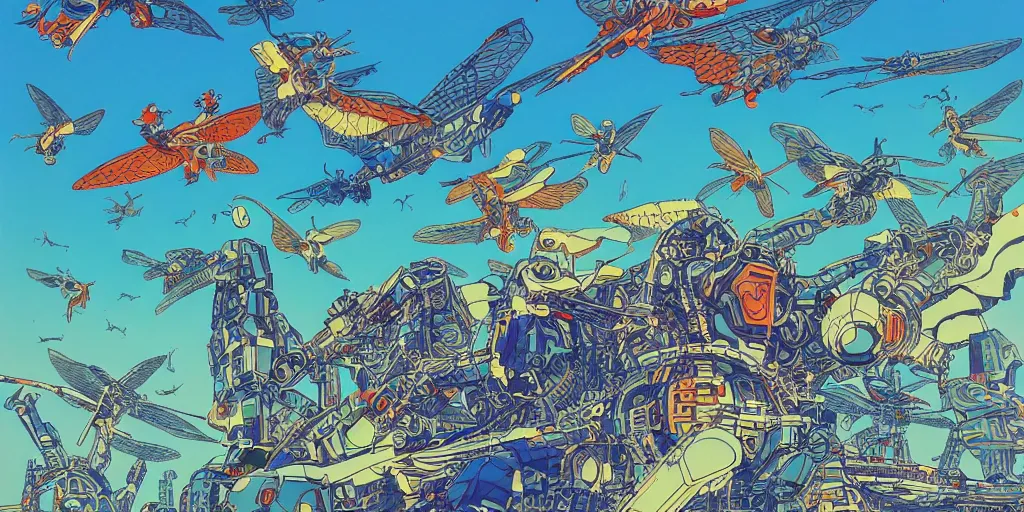 Image similar to gigantic mecha arzach birds with dragonflies, tiny rats, a lot of exotic animals around, big human faces everywhere, helicopters and tremendous birds, risograph drawing by satoshi kon and moebius, matte summer blue colors, surreal psychedelic design, 4 k