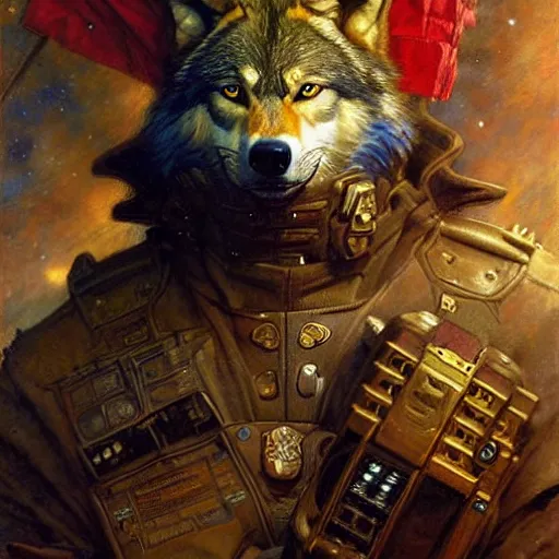 Image similar to portrait of a wolf in uniform as a captain. shadowrun furaffiniy cyberpunk fantasy highly detailed painting by gaston bussiere craig mullins jc leyendecker gustav klimt artgerm greg rutkowski john berkey, bergey, craig mullins, ruan jia, raymond swanland, jeremy mann, tom lovell, alex malveda