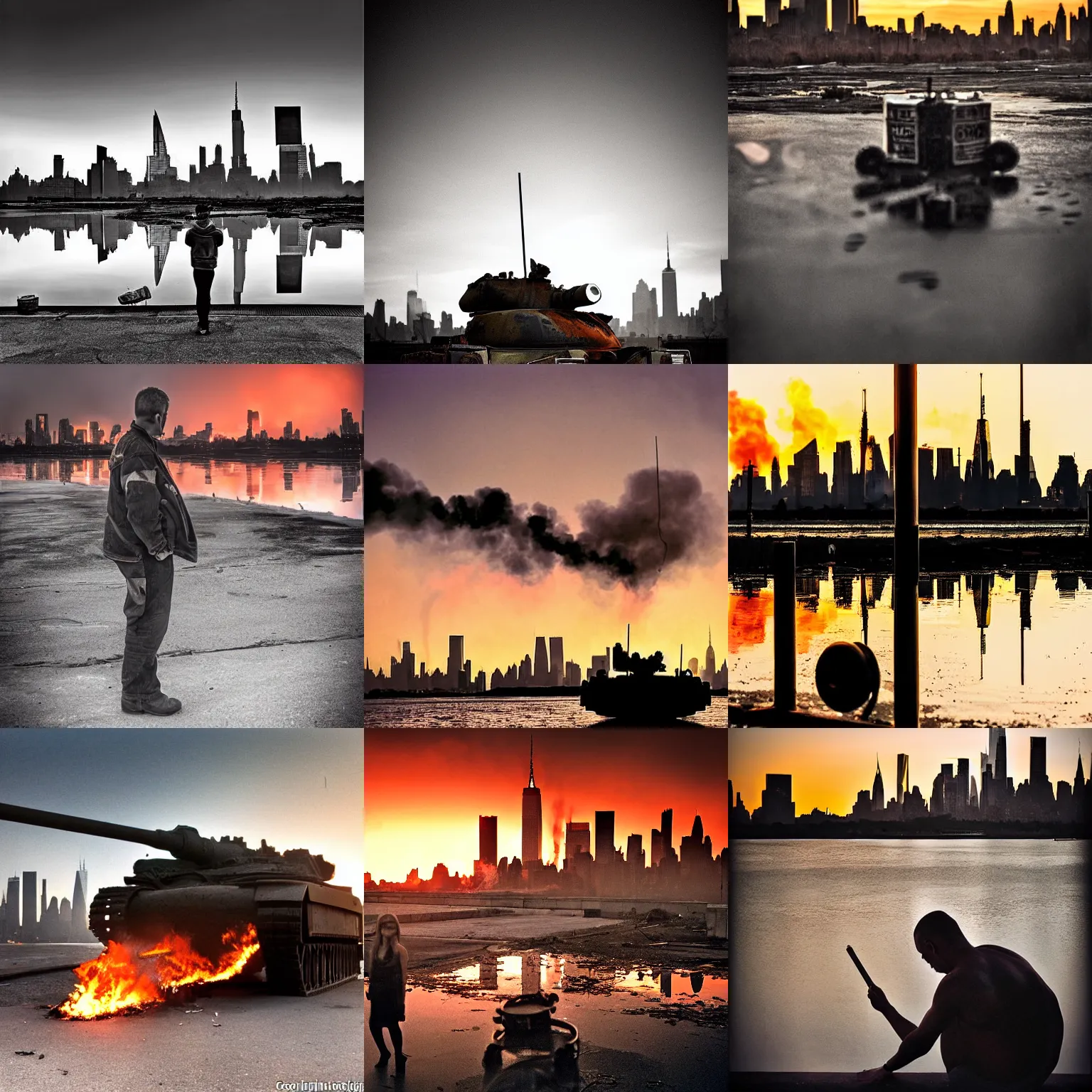 Image similar to destroyed tank in front of the new york skyline, smoking and burning, reflections, award winning photograph, sunset, desolate, atmospheric