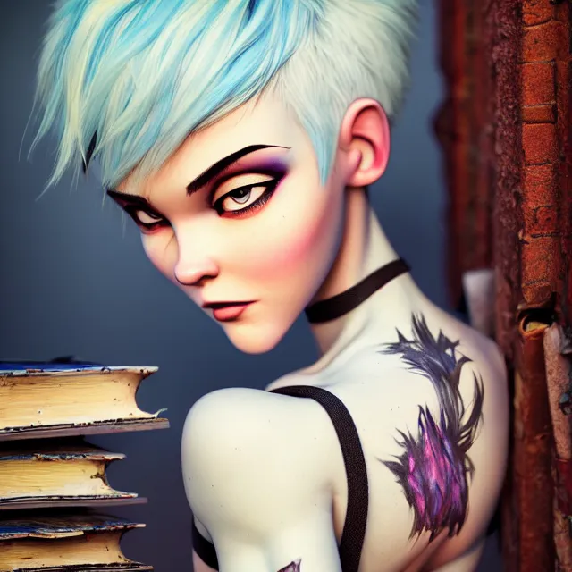 Image similar to full body pose, beautiful adult fairy, pixar, short white hair shaved sides, dirty, grungy, grunge, long sleeve, painted overalls, stacks of giant books, highly detailed, 4 k, hdr, smooth, sharp focus, high resolution, award - winning photo, artgerm, photorealistic