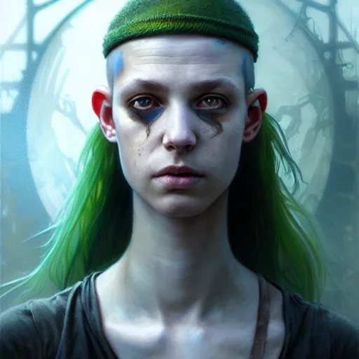 Image similar to portrait painting of a post - apocalyptic green haloed bald androgynous teenager with white eyes, ultra realistic, concept art, intricate details, eerie, highly detailed, photorealistic, octane render, 8 k, unreal engine. art by artgerm and greg rutkowski and charlie bowater and magali villeneuve and alphonse mucha