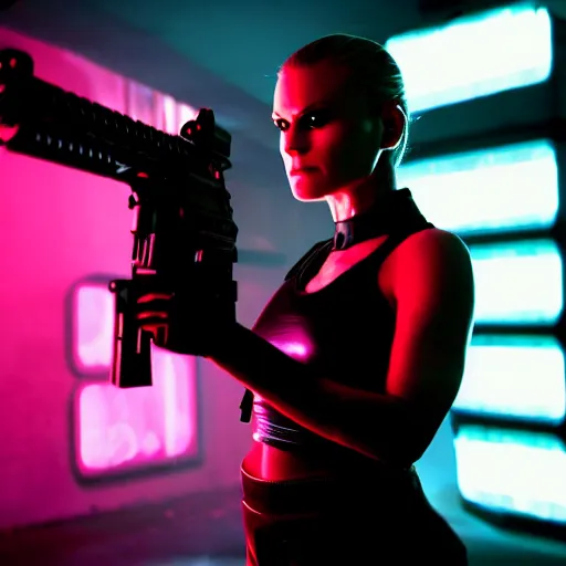 Prompt: anna paquin starring in a cyberpunk movie in a distopic futuristic city in the style of bladerunner, wearing a cropped black tank top, mini shorts and black boots, firing a gun, muzzle flash, movie still, highly detailed, rainy night, volumetric lights, studio lighting, dramatic, scifi, sharp focus