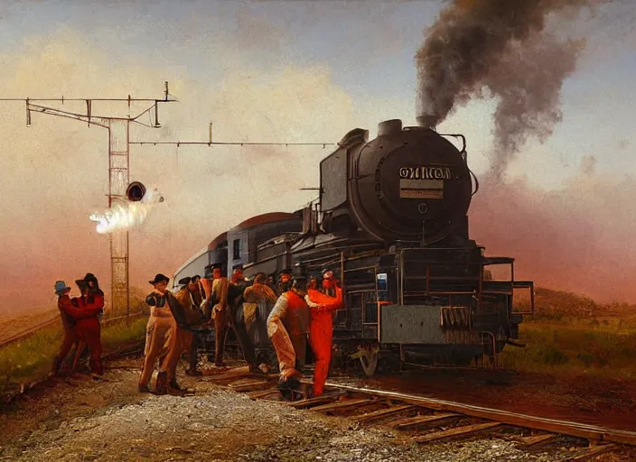 Prompt: detailed painting of railroad workers drinking wine and having fun with a steam locomotive coming right at them by ivan aivazovski