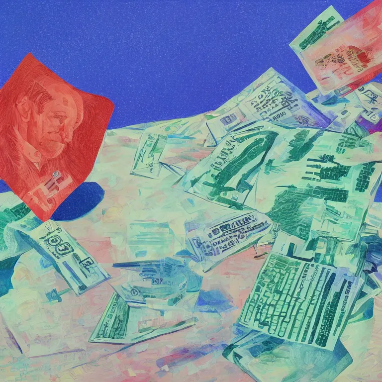 Prompt: dreaming from a new economy and a new financial system, $$$,EUR,BTC, painted by David Hockney, airbrush