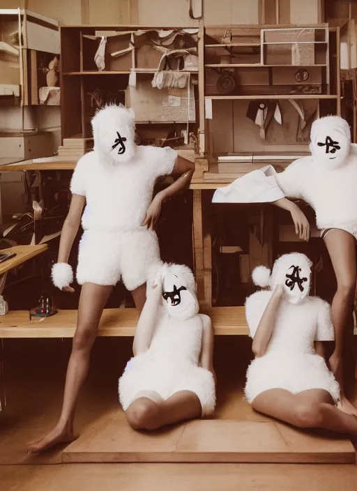 Prompt: realistic photo portrait of the sleeping university class, faceless, white carnival mask, wearing fluffy cotton shorts, beautiful symmetrical faces, standing in the spacious wooden polished and fancy expensive wooden laboratory interior room 1 9 9 0, life magazine reportage photo