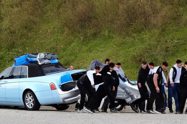 Prompt: Group of teenagers push Rolls-Royce into lake with their hands from a small slide wanting to drown him