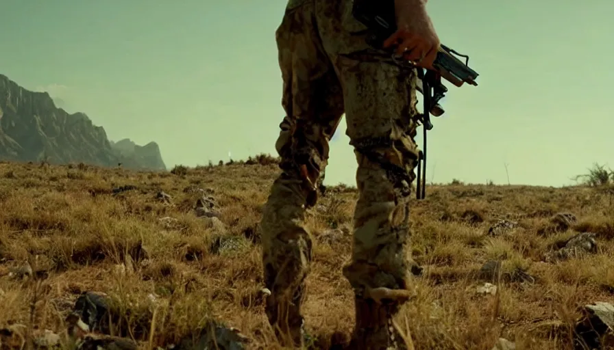 Image similar to lone survivor man holding a walkie!! in post - apocalyptic nature landscape. movie screenshot. lush composition by wes anderson, shallow depth of field, cinematic. cinematic composition